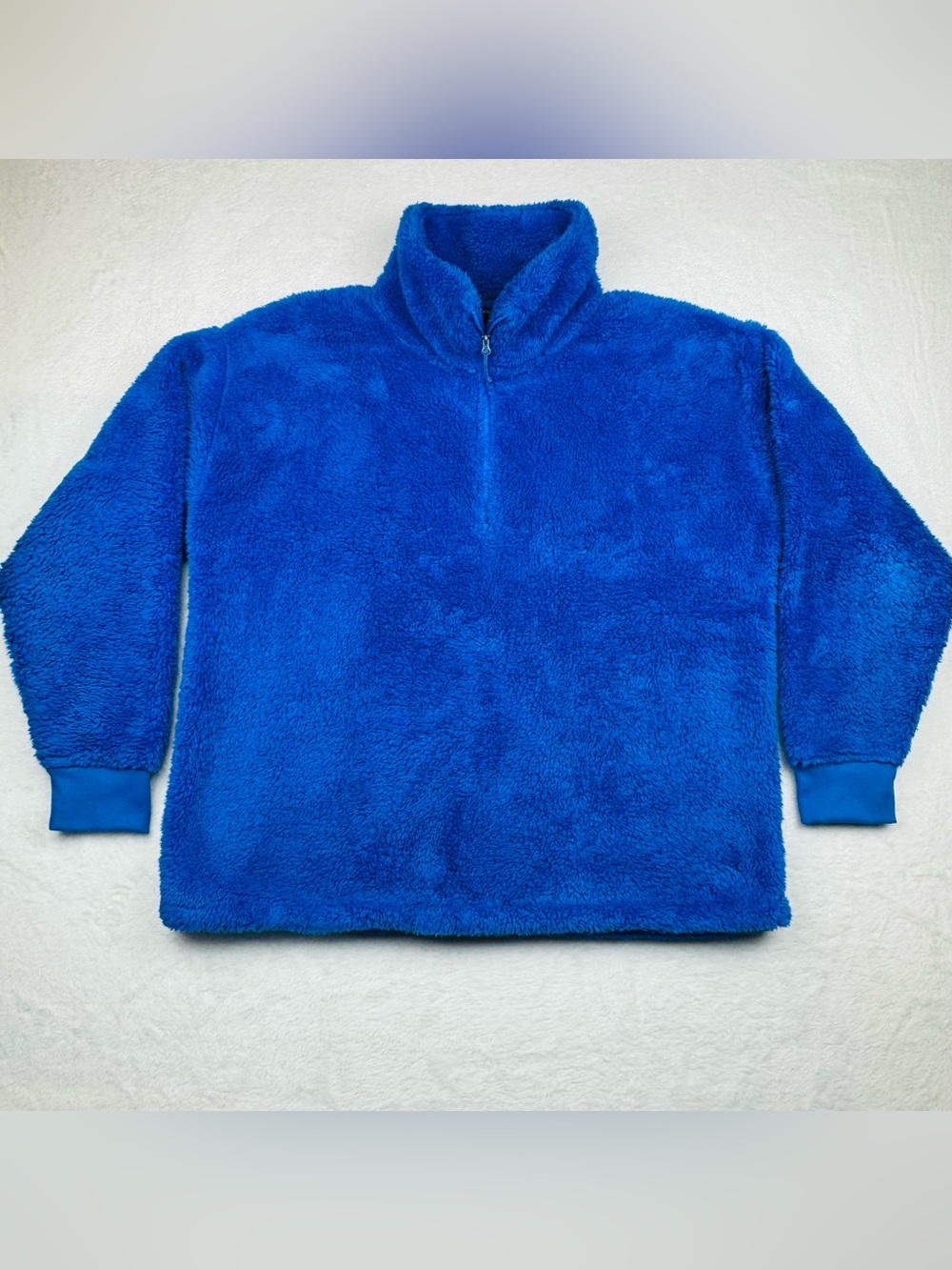 Eddie Bauer cozy royal blue fuzzy fleece quarter-zip pullover. Women’s size L.